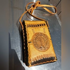 Aztec Calendar artisan leather hand tooled purse